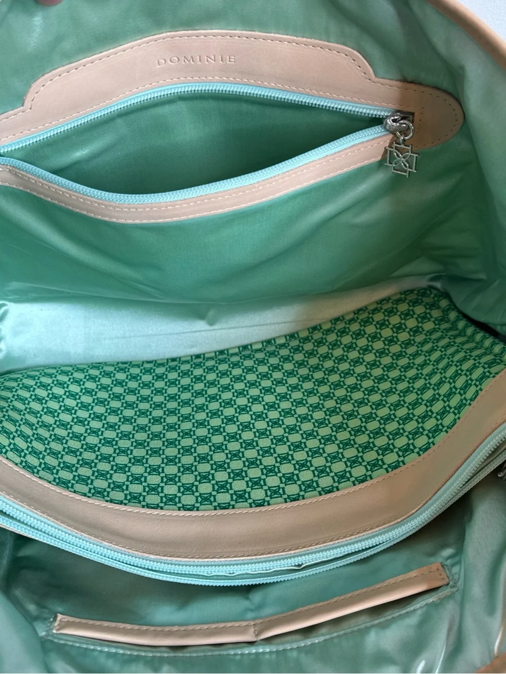 Dominie Green Patterned Tote with Tan Trim and Straps